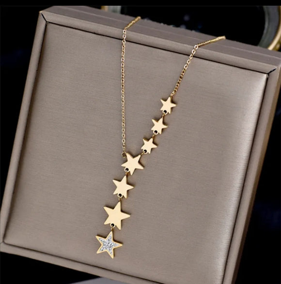 stainless steel gold color multiple stars zircon necklace