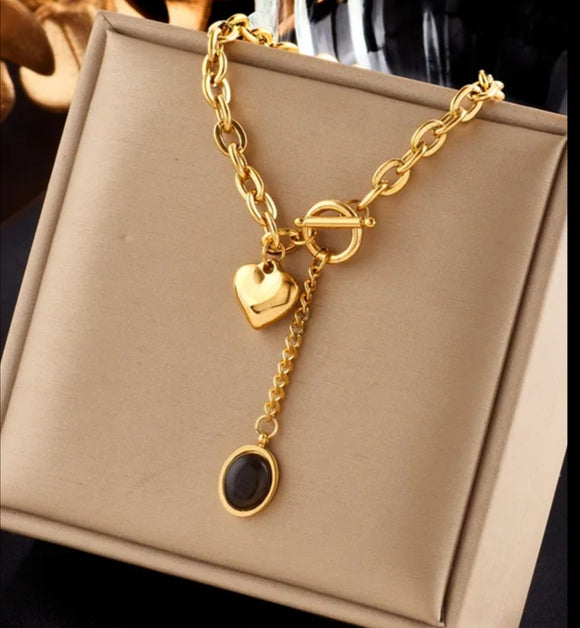 stainless steel heart oval black drop gold necklace