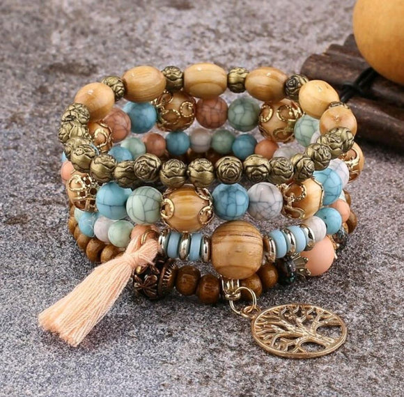 4pcs set Tree & Tassel Charm Beaded Bracelet