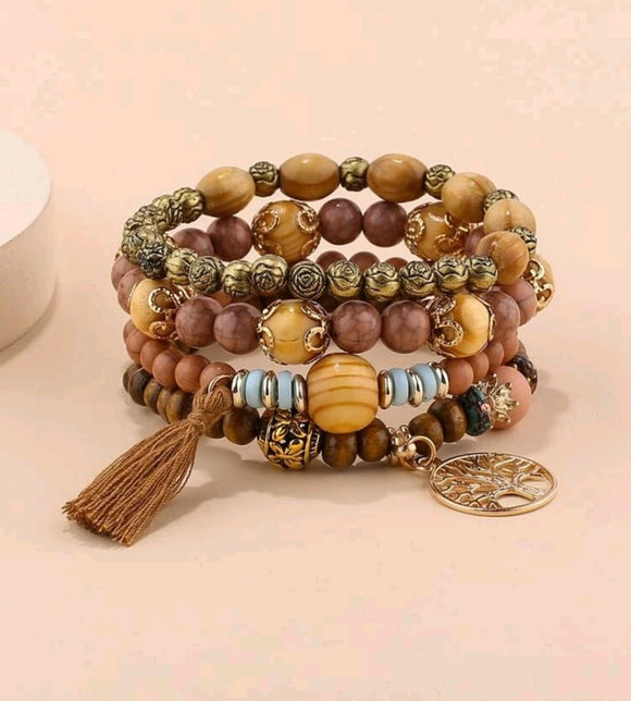 4pcs set coffee brown Tassel Charm Beaded Bracelet