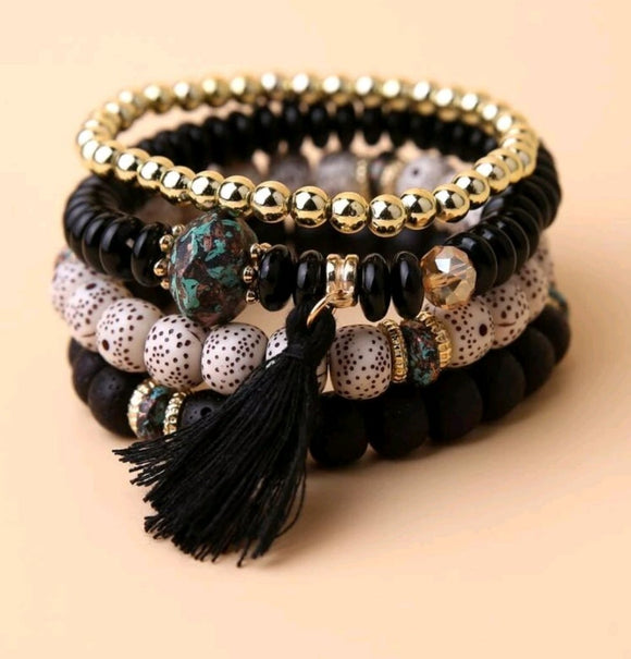4pcs black Tassel Charm Beaded Bracelet