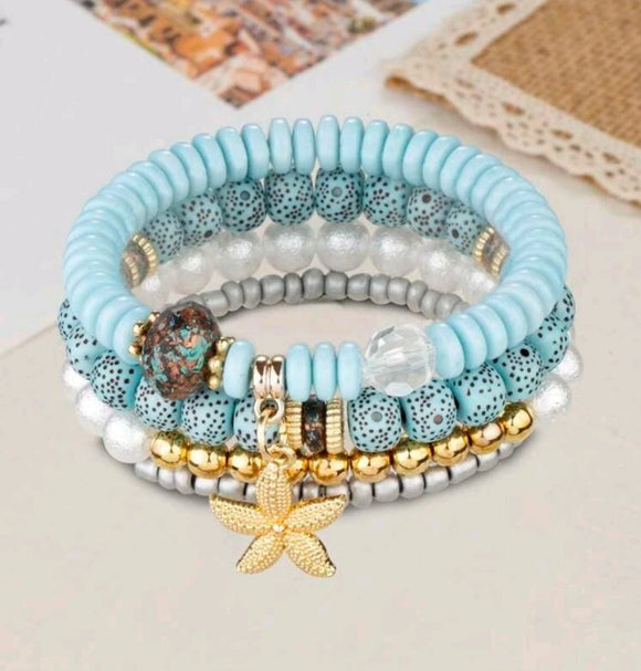 4pcs/set blue Starfish Charm Beaded Bracelet
