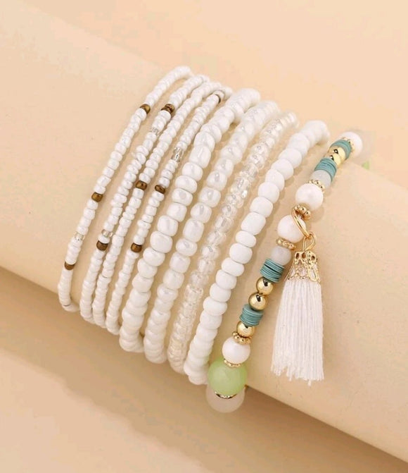 9pcs set white Tassel Charm Beaded Bracelet