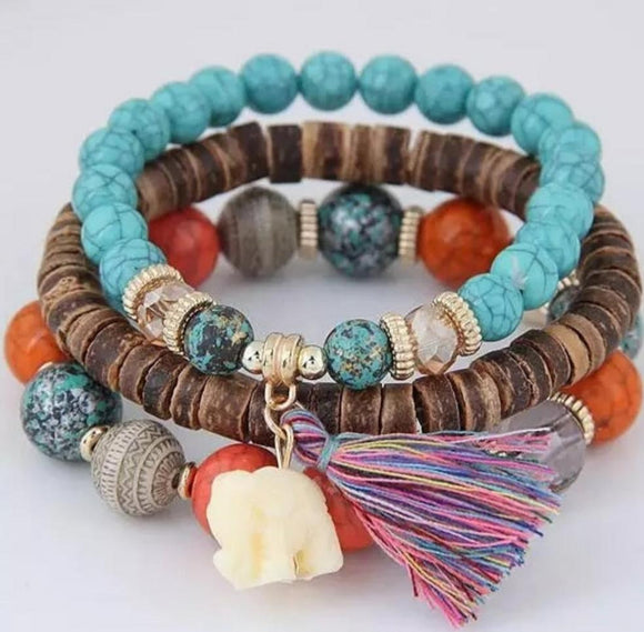 3pcs/set turquoise Wooden Beads Bracelets Boho Elephant Tassel