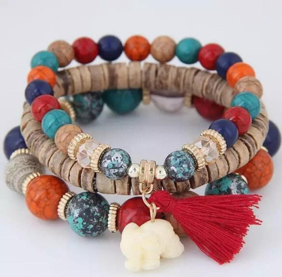 3pcs/set red Wooden Beads Bracelets Boho Elephant Tassel