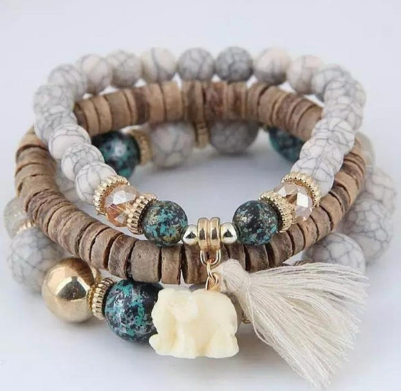 3pcs/set white Wooden Beads Bracelets Boho Elephant Tassel