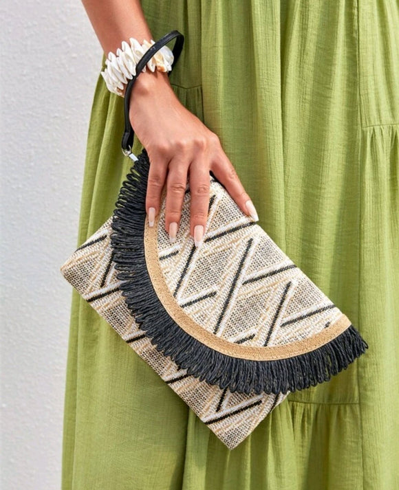 VCAY Geometric Pattern Fringe Trim Straw Bag