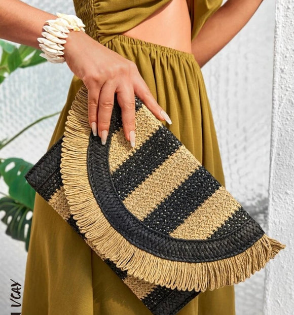 VCAY Two Tone Fringe Trim Flap Straw Bag