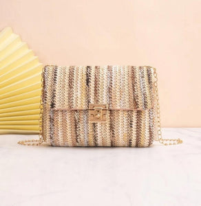 Random Pattern Sequin Detail Flap Square Bag Vacation brown