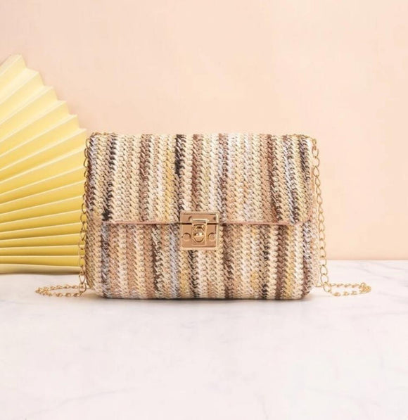 Random Pattern Sequin Detail Flap Square Bag Vacation brown