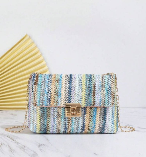 Small Flap Straw Bag Turn Lock blue Colorblock Striped Pattern