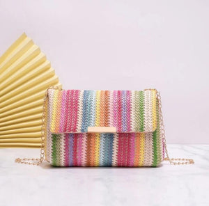 Colorblock pink Stripe Pattern Chain Straw Bag