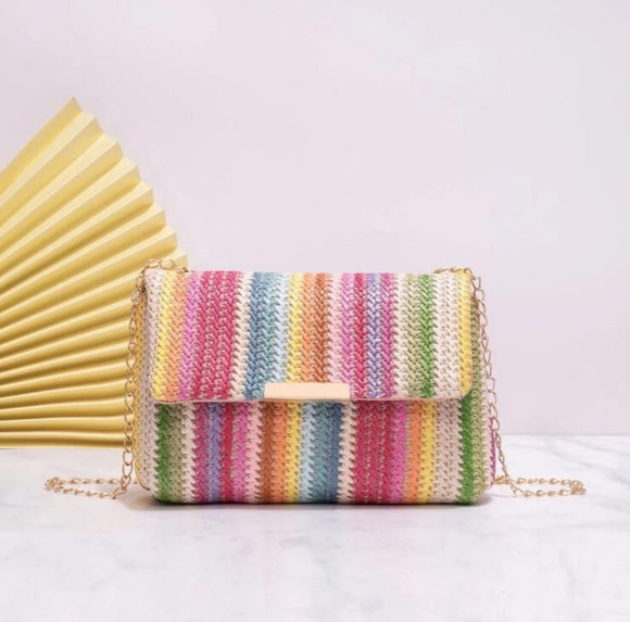 Colorblock pink Stripe Pattern Chain Straw Bag