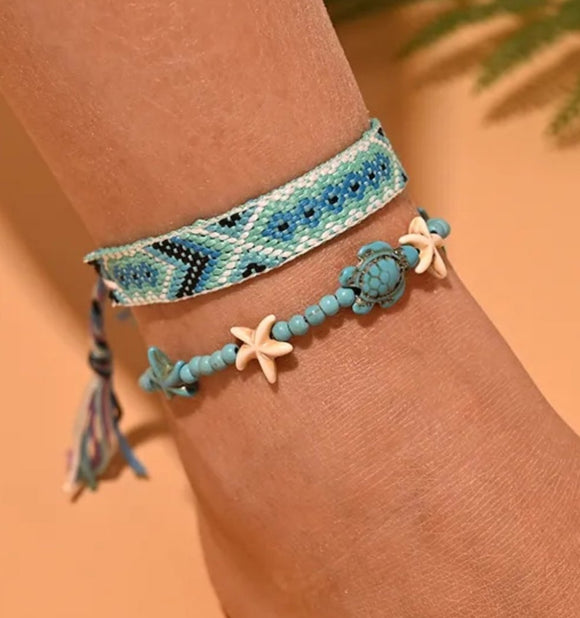 2 pcs set weave blue starfish turtle anklet