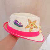 pink straw hat starfish shells hand painted
