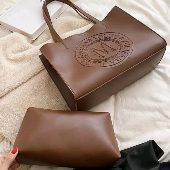 Soft leather large capacity coffee brown tote bag with pouch