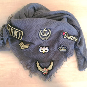 Gray army wrinkled soft handmade scarf with patches