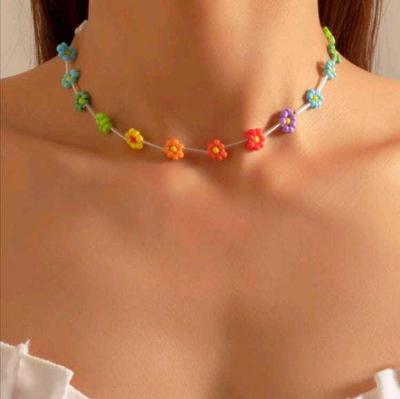 Beads colorful flowers choker necklace