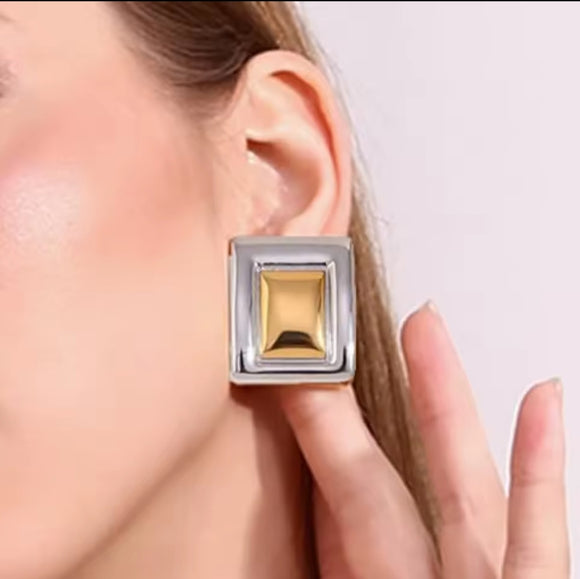 Stainless steel rectangle yellow gold big Statment earrings