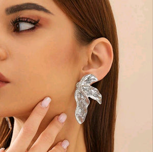 Silver large leaf Stud Earrings