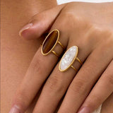Stainless Steel Gold-Tone Open Ring  White And Tiger Eye Stone Gems