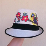 Straw hat hand painted birds flowers