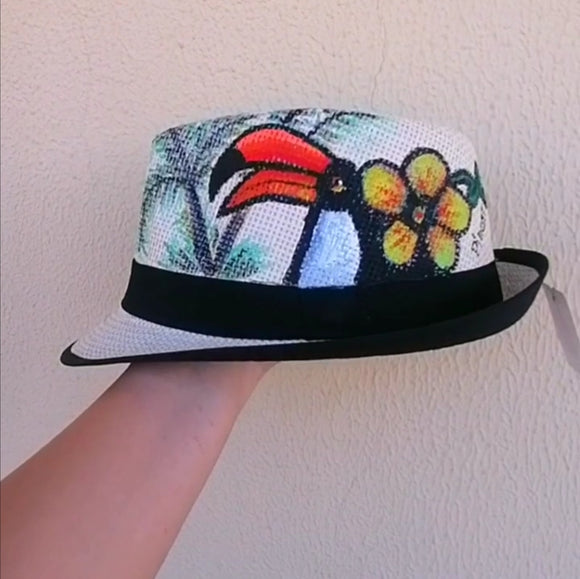 Straw hat hand painted tropical bird