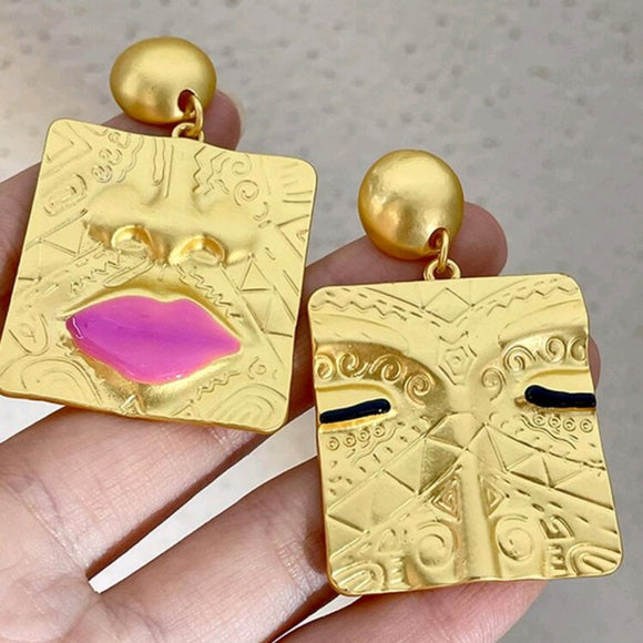 Face Lips irregular Square metal Earrings