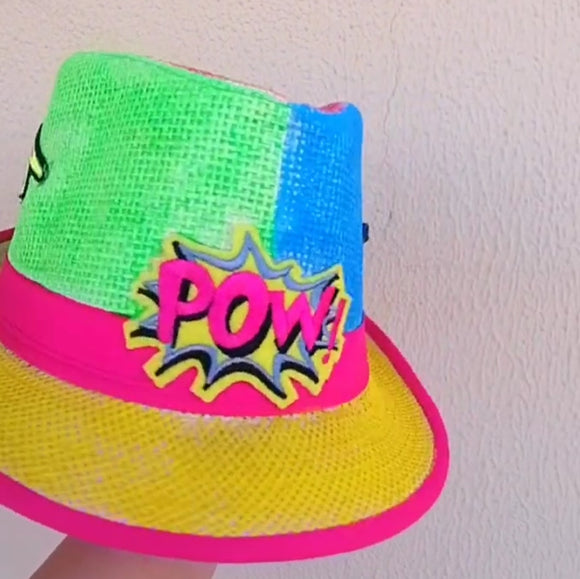 Straw hat hand painted pow energy colorful