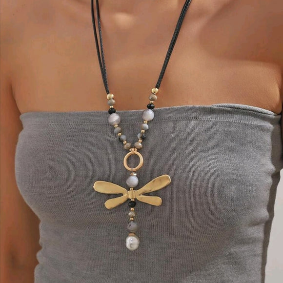 Dragonfly faux pearl long necklace