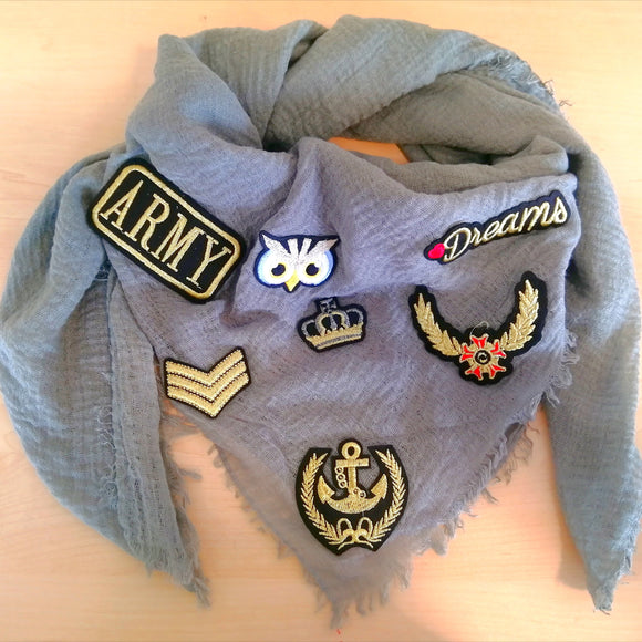Green scarf with army patches