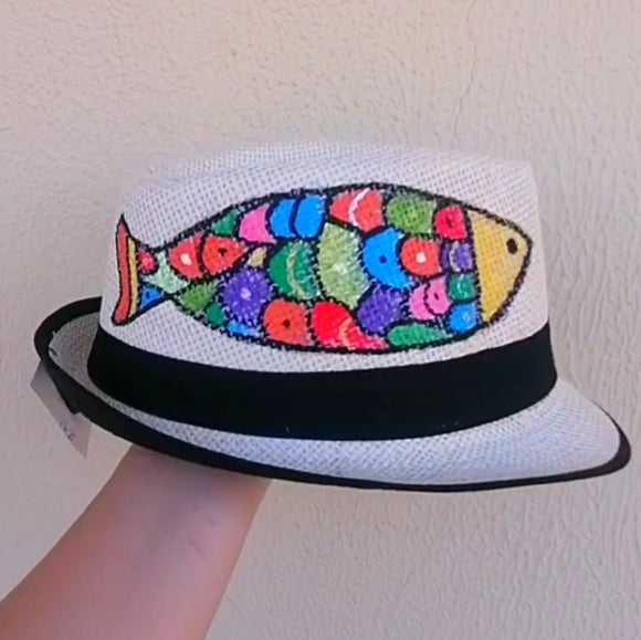Straw hat hand painted colorful fish pompom