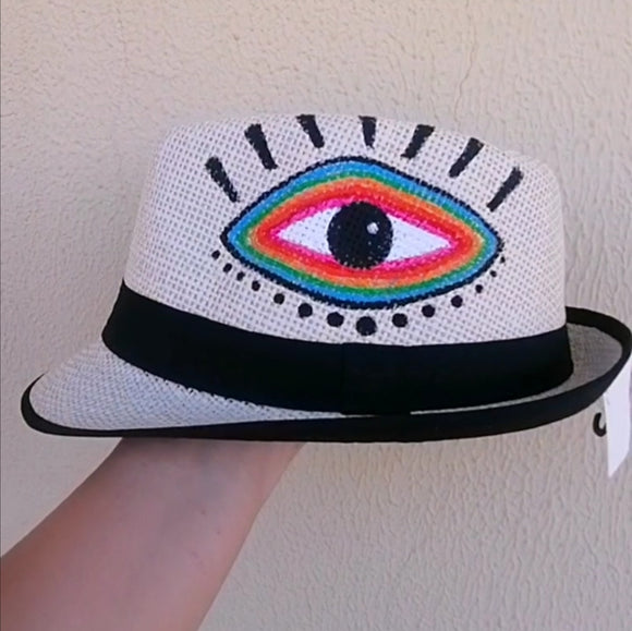 Summer straw Hat colorful eye hand painted