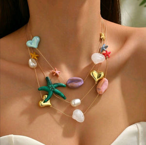 Beach Style Multilayer Resin Shell, Sea Turtle & Star Pendant Necklace