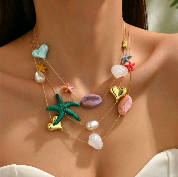 Beach Style Multilayer Resin Shell, Sea Turtle & Star Pendant Necklace