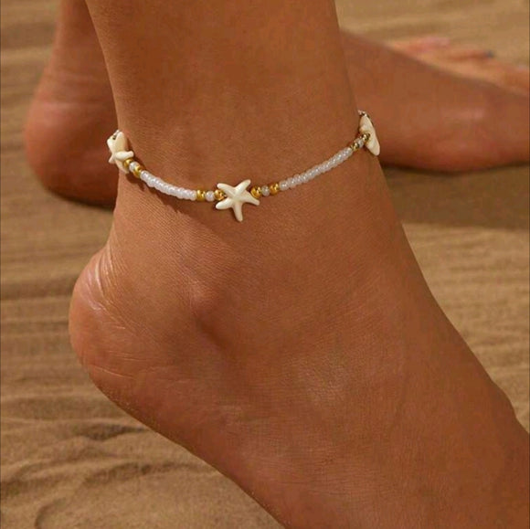 Beaded adjustable white rope shells anklet