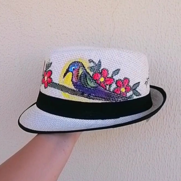 Straw hat hand painted birds flowers