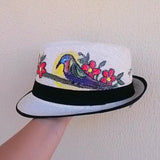 Straw hat hand painted birds flowers
