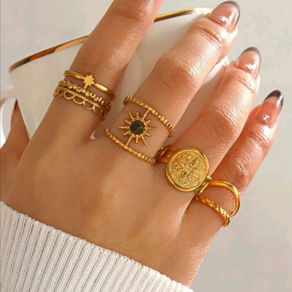 4pcs Set Stainless Steel Star Sun Open Ring