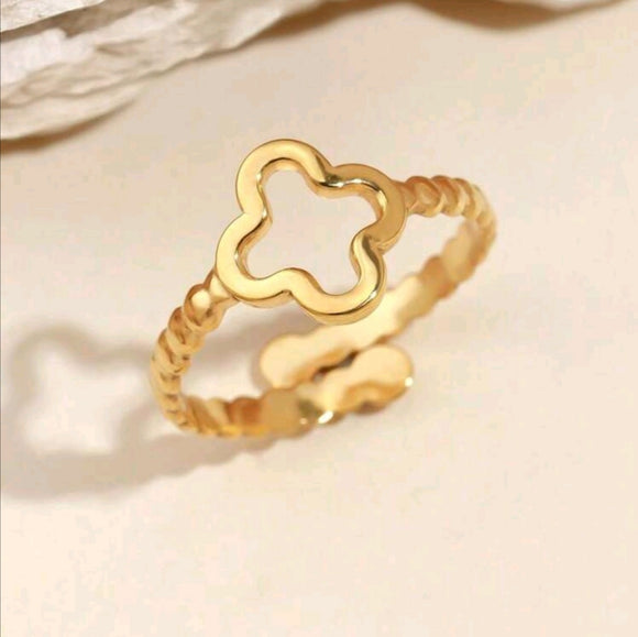 Stainless Steel Golden Flower Clover Shape Open Ring