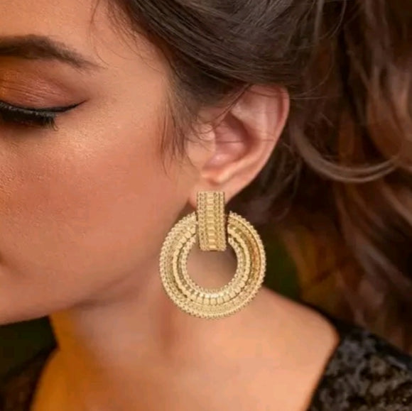 Textured Metal Round gold Drop Earrings