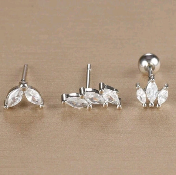 3pcs Stainless Steel 18K silver Plated Cubic Zirconia Spiral Earrings