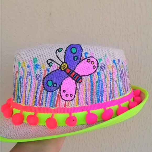 Straw hat hand painted butterfly field
