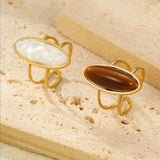Stainless Steel Gold-Tone Open Ring  White And Tiger Eye Stone Gems