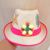 pink straw hat starfish shells hand painted