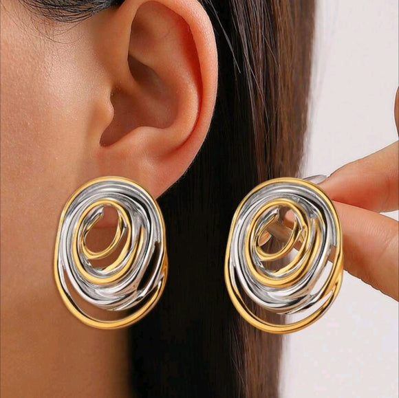 Stainless steel two tone round stud earrings