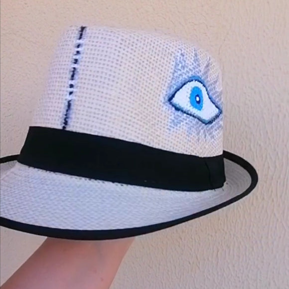 Straw hat hand painted evil eye silver