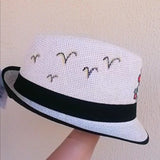 Straw hat hand painted birds flowers