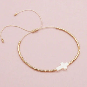 Boho Seashell Cross Golden Seed Bead Adjustable Bracelet