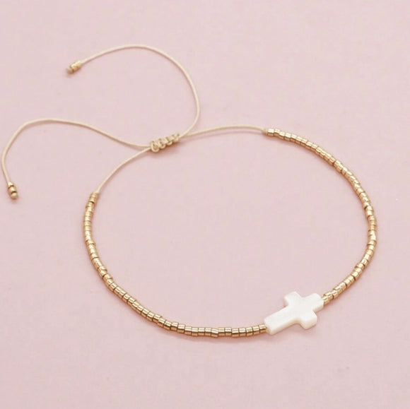 Boho Seashell Cross Golden Seed Bead Adjustable Bracelet
